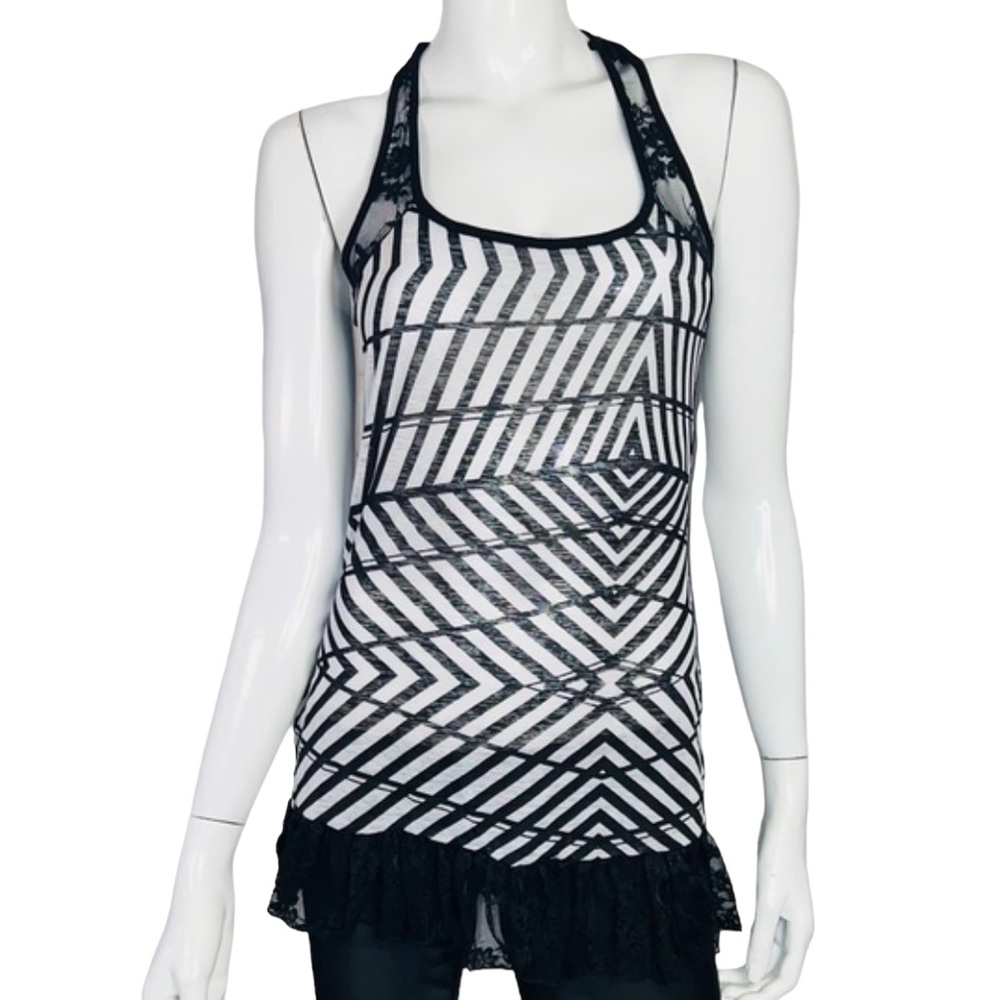 4/$24 Monaco Black and White Sleeveless Lace‎ Razor Back Tank Top